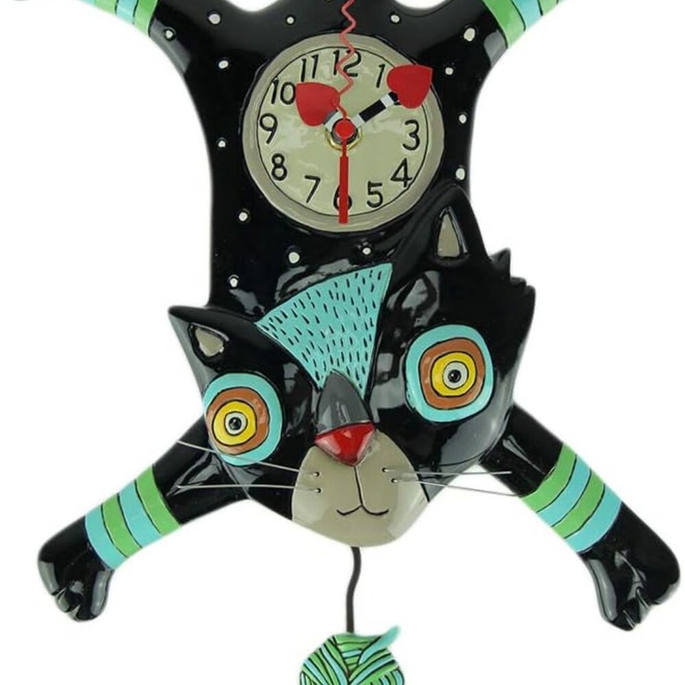 Allen Designs Enesco Craft Attack Cat with Yarn Sculpted Pendulum Wall Clock